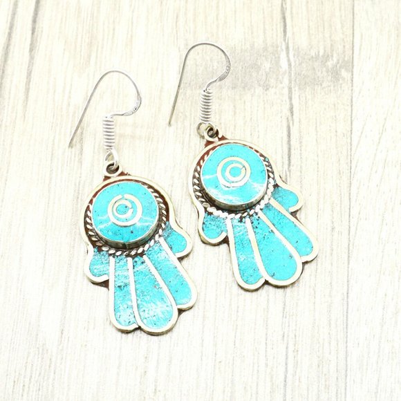 Handmade Jewelry - Tibetan Silver Turquoise Hand-Carved Fatima Hand Vintage Earrings
